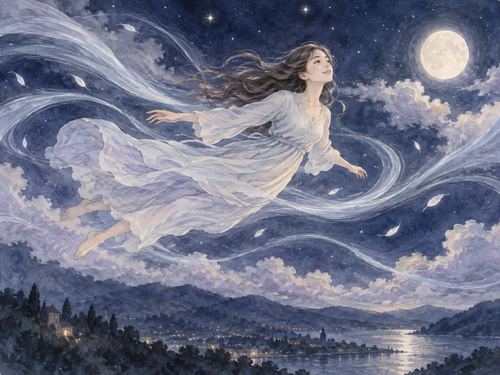 柔らかな風に乗って夜空を飛ぶ女性