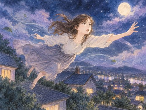 思うように高度を保てず夜空で戸惑う女性