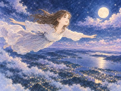 高い夜空から街や山を見渡しながら飛ぶ女性