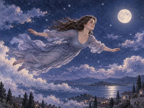 夜空を気持ちよさそうに軽やかに飛ぶ女性