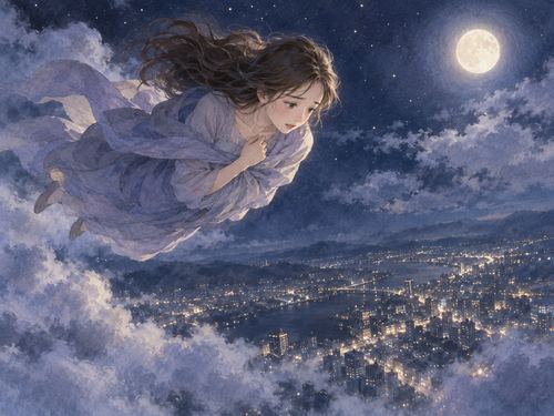 高い夜空で落ちそうな不安を感じながら飛ぶ女性