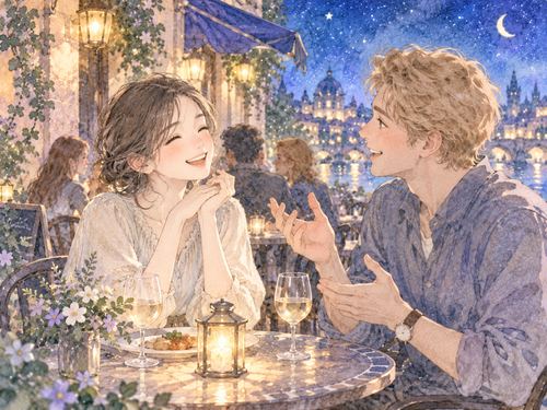 外国人と笑顔で会話する女性
