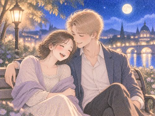 外国人と寄り添って笑う女性