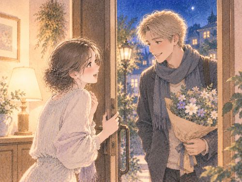 玄関で外国人を迎える女性
