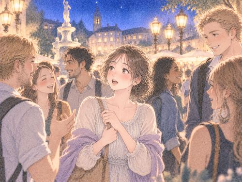 多くの外国人に囲まれ周囲を見る女性
