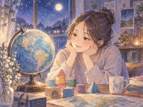 地球儀と積み木を見つめる女性