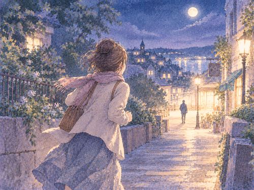 夜道を急ぎ安全な場所へ向かう女性