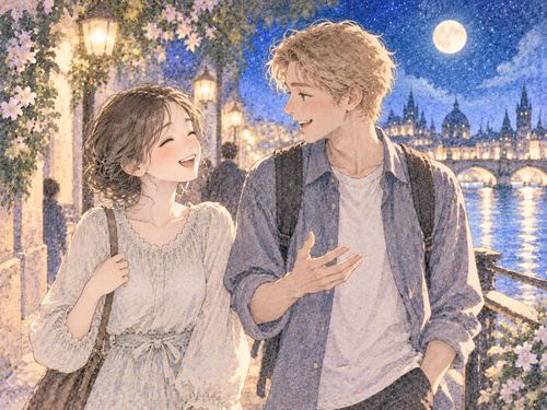 外国人と笑い合いながら歩く女性