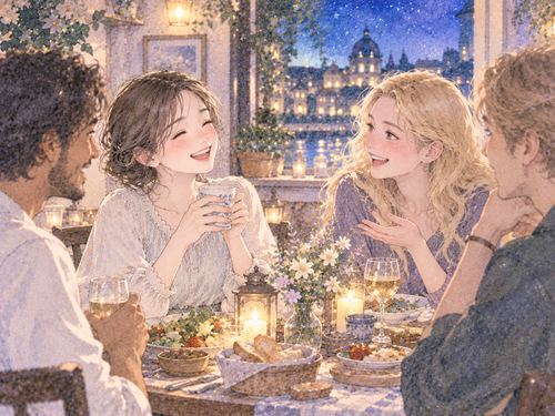 外国人の友達と食卓を囲む女性
