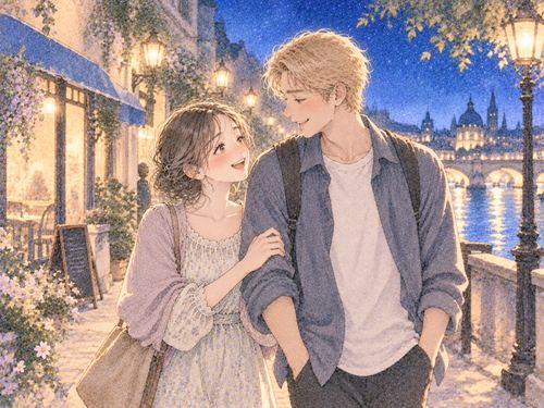 外国人の恋人と夜道を歩く女性