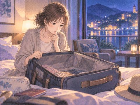 旅先の部屋で荷物を確認して戸惑う人物