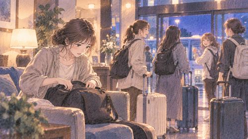 出発する同級生のそばで荷物を探す人物