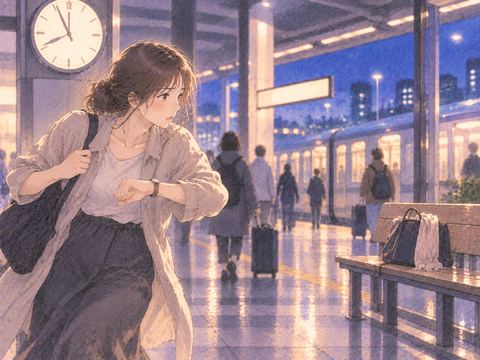 時計と忘れ物を交互に見て焦る人物