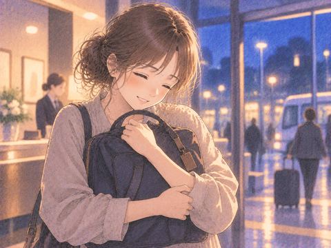 戻ってきたかばんを抱えて安心する人物