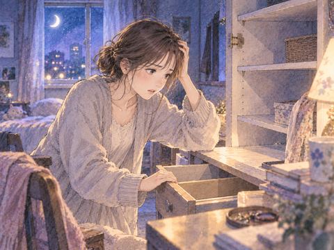 空の棚を見ながら忘れ物を探す人物