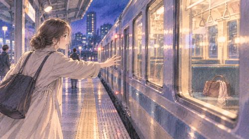 発車する電車内に置き忘れたかばんを見る人物