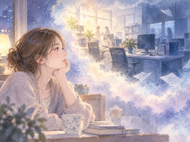 淡く浮かぶ昔の職場を見つめながら気持ちを振り返る女性