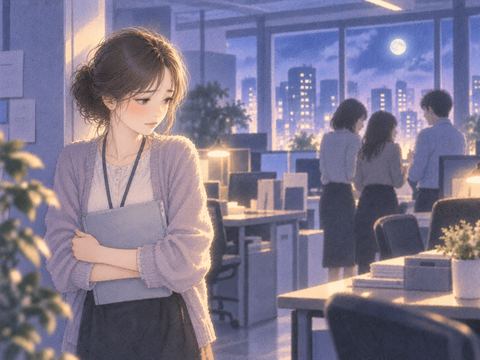 昔の職場で少し離れて一人立つ女性と遠くの同僚たち