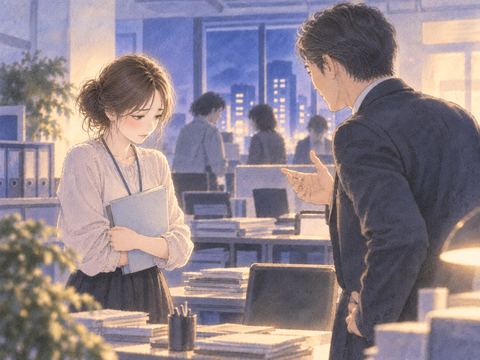 昔の職場で上司から注意を受け緊張する女性