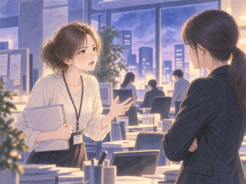 昔の職場で元同僚と強い口調で向き合う女性