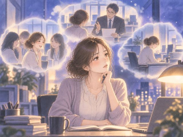 同じ昔の職場を背景に異なる夢の印象を振り返る女性