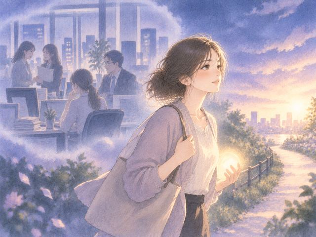 昔の職場を遠くに見ながら光の中を前へ進む女性
