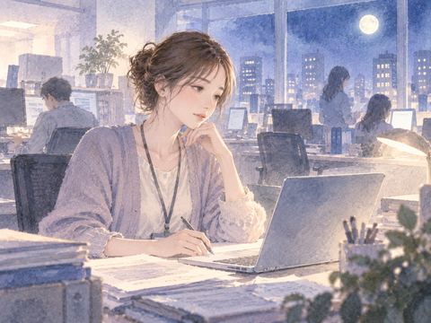 昔の職場の机で再び仕事をしている女性