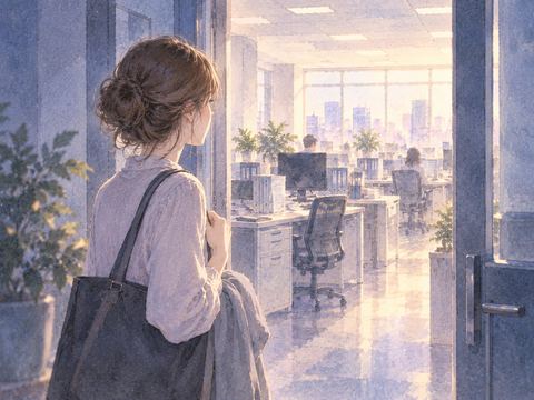 昔の職場の入口に立ち中を見つめる女性