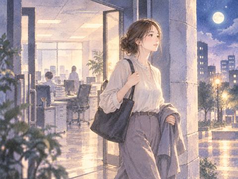 昔の職場を背にして静かに外へ歩き出す女性