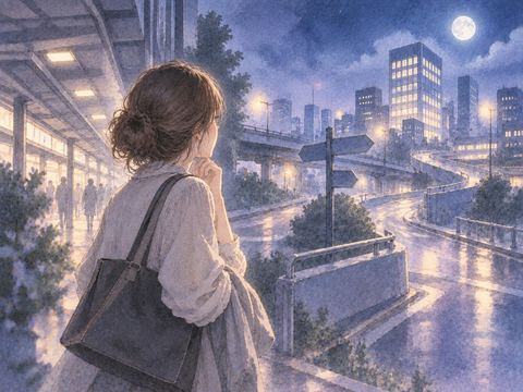 遠くの職場へ向かう道で立ち止まる女性
