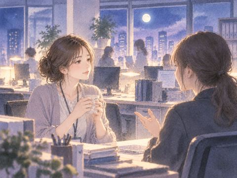昔の職場で元同僚と向かい合う女性