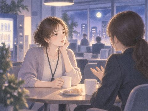 昔の職場の人と静かに話している女性