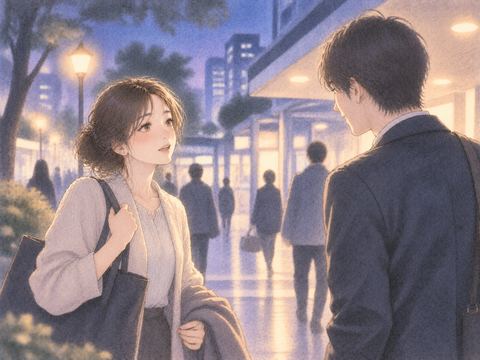 夜の街角で昔の職場の人と偶然再会する女性