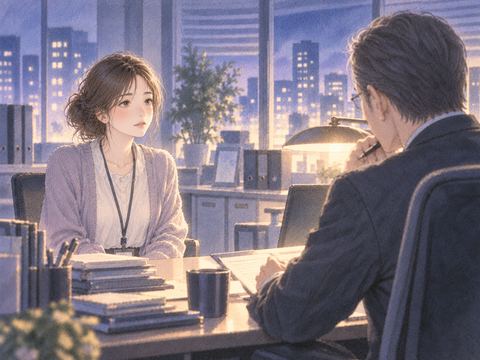 昔の職場で上司と向き合い緊張する女性