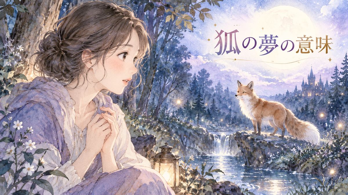 夜の森で狐を見つめる大人の女性