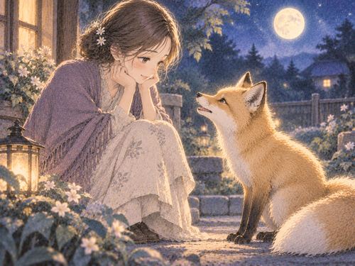 夜の庭で向かい合う女性と狐