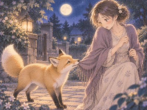 袖を軽くくわえる狐に驚く女性