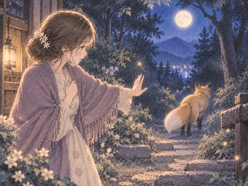 離れていく狐を静かに見送る女性