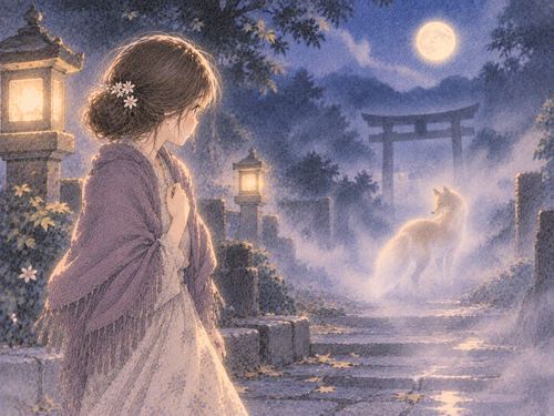 霧の道で狐の幻影に戸惑う女性