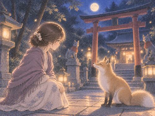 静かな神社の境内で狐と出会う女性