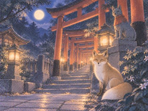稲荷神社の鳥居のそばに佇む狐