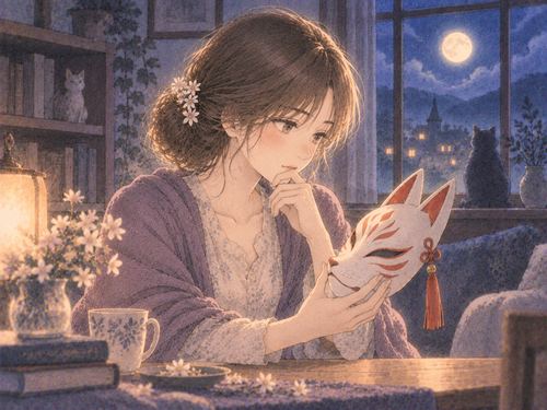 狐のお面を手に持って見つめる女性