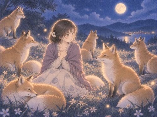 夜の草原に集まるたくさんの狐