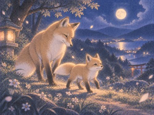寄り添って歩く親狐と子狐