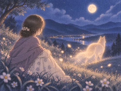遠ざかる狐の光が静かに消える夜景