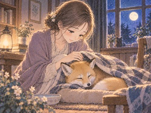 弱った狐を毛布で包み見守る女性