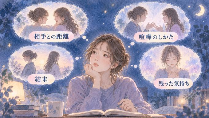 友達との喧嘩の場面と感情を複数の視点から振り返る女性の図