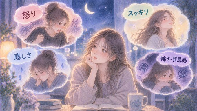 喧嘩の夢を思い返し怒りや悲しさや安堵を振り返る女性の図