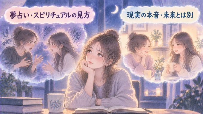 友達との喧嘩の夢と現実の友達とのやりとりを別々に見つめる女性の図