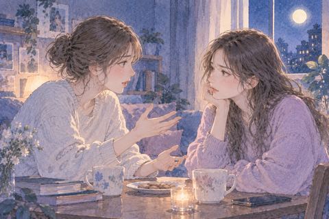 夜の室内で仲の良い二人の友達が向かい合って言い合う夢